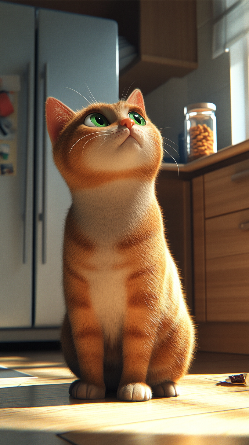 Animated Cat Longing for Treat in Kitchen