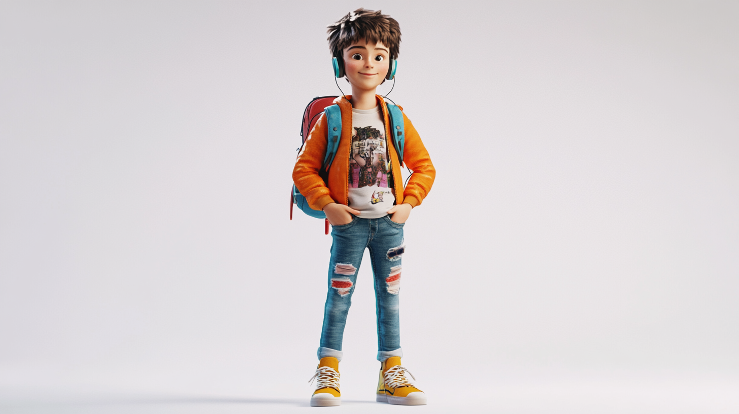 Animated Kazakh Boy with Fashionable Outfit and Gadgets