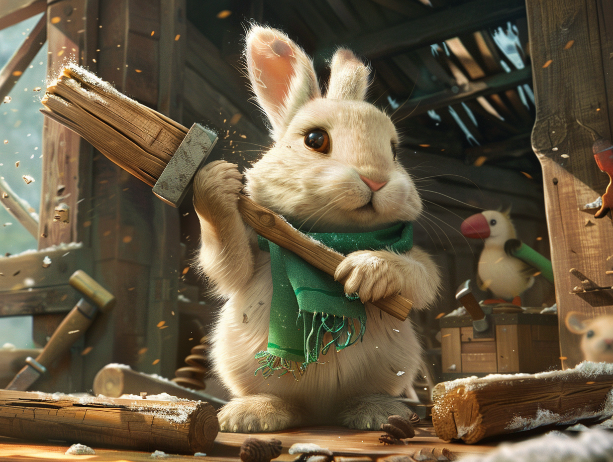 Animated animals building house with hammer, rabbit supervising.