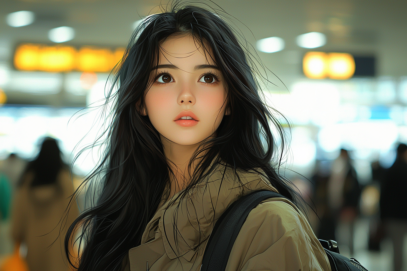 Animated anime scene at busy airport with woman.