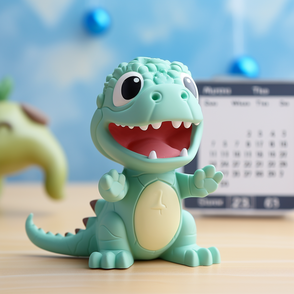 Animated green tyrannosaurus with calendar on light turquoise wall.