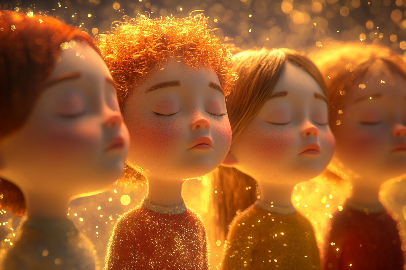 Animation of children with closed eyes glowing golden light