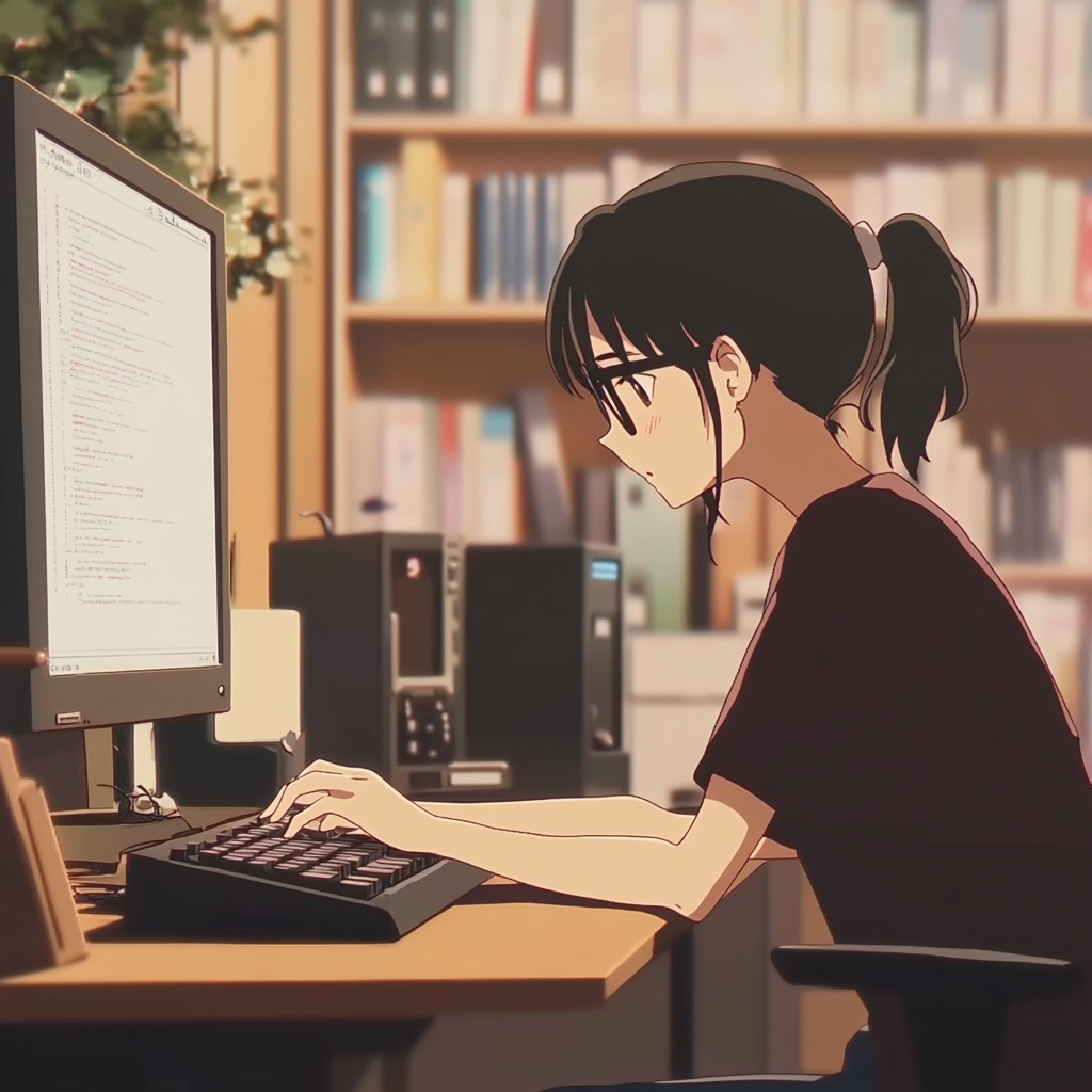 Animations wear black frame glasses typing on computer.