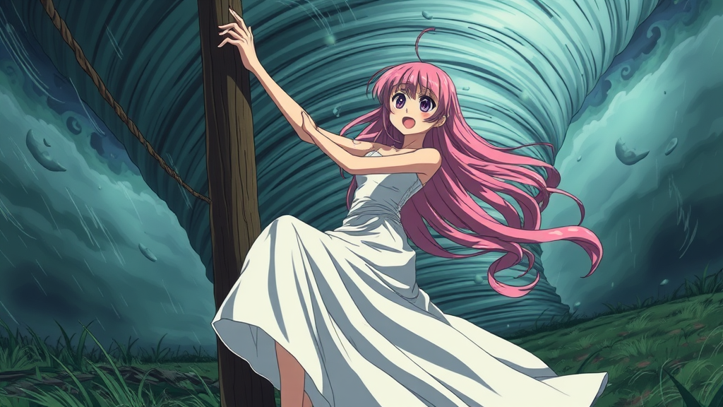 Anime Girl Clinging to Pole in Tornado