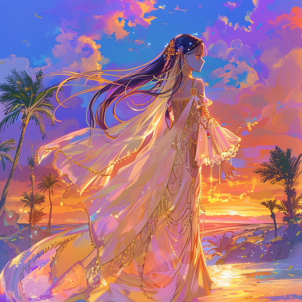 Anime Moroccan wedding dress illustration with soft lighting.