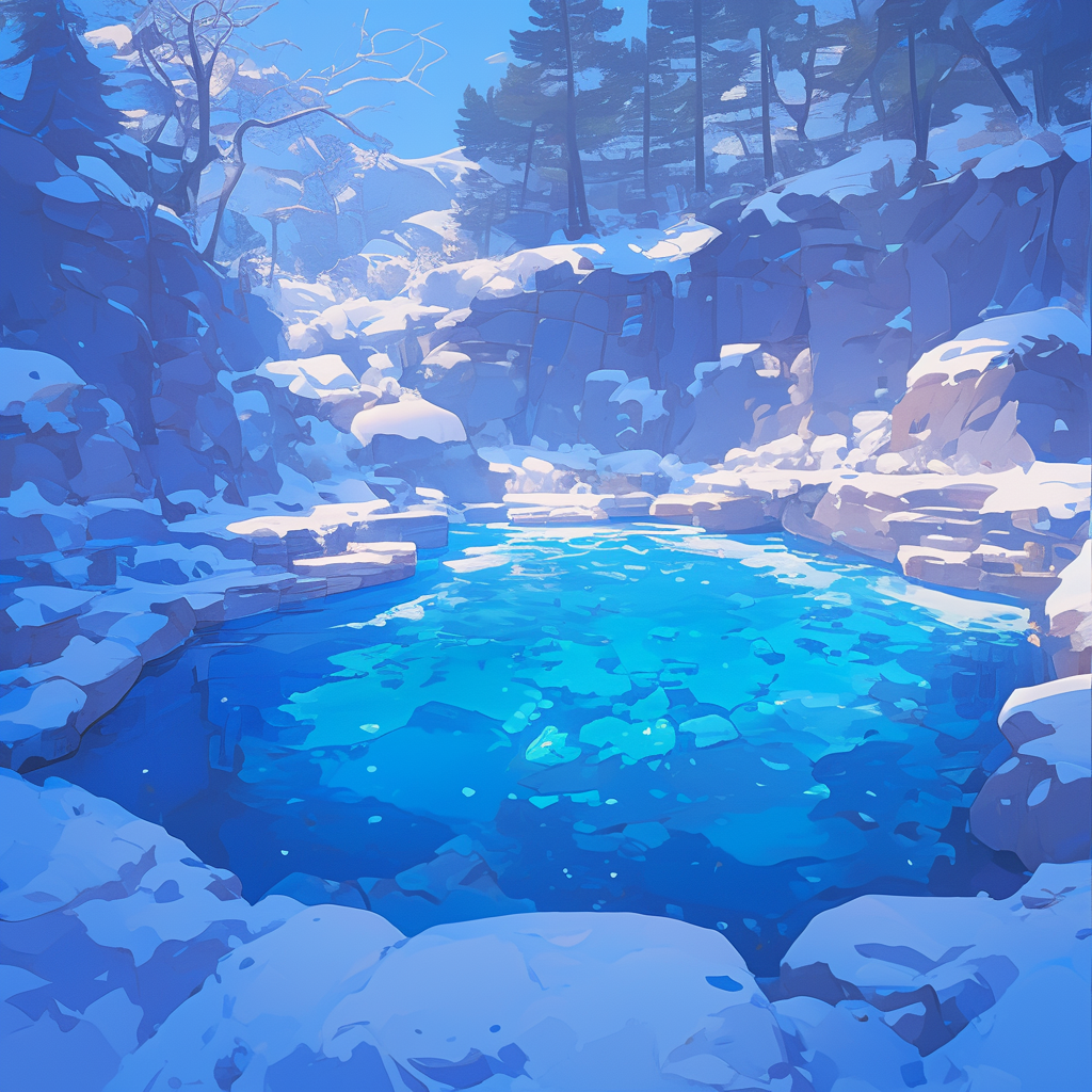 Anime Snowmelt Springs Illustration: Tranquil Winter Oasis