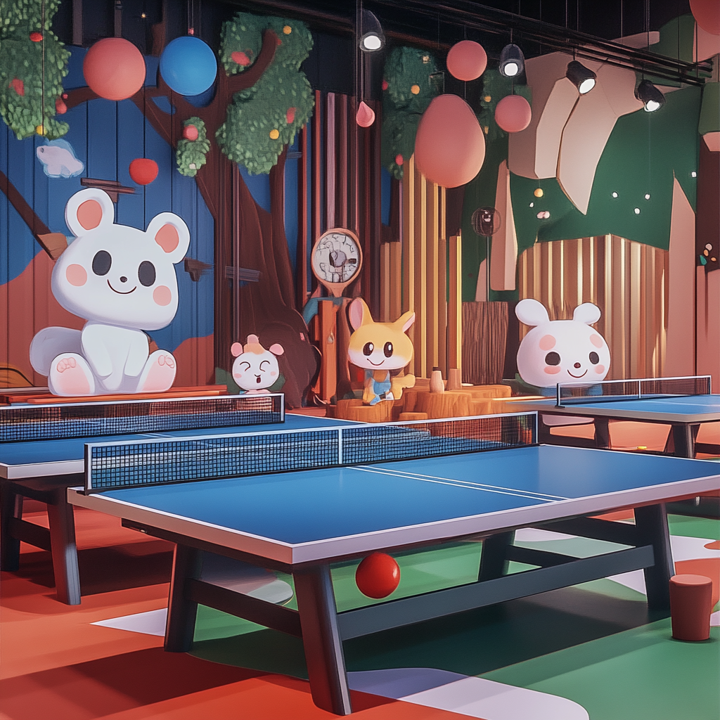 Anime animals playing table tennis in happy kingdom.