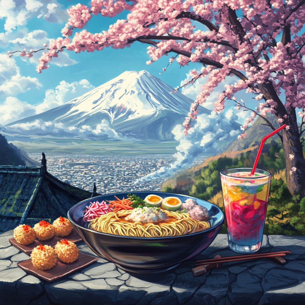 Anime art style of ramen, appetizers, drink, scenery.