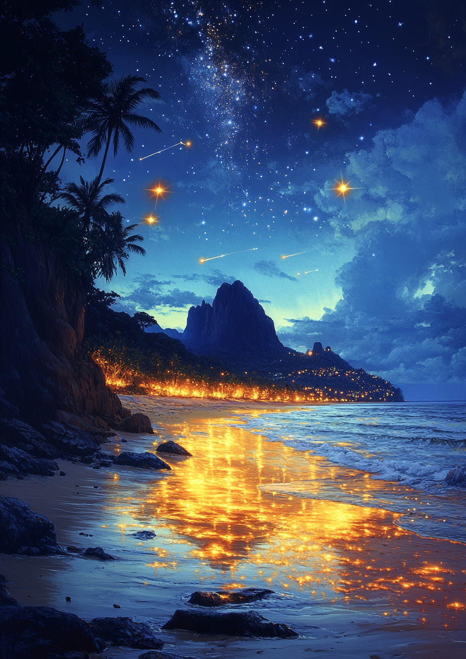 Anime beach scene with mountains, meteors and coconut trees.