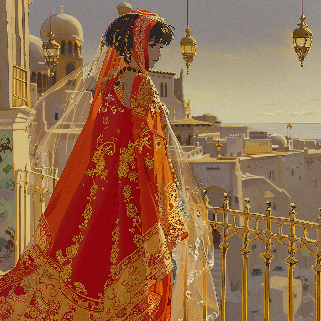 Anime bride in Moroccan dress on balcony. Serene village.