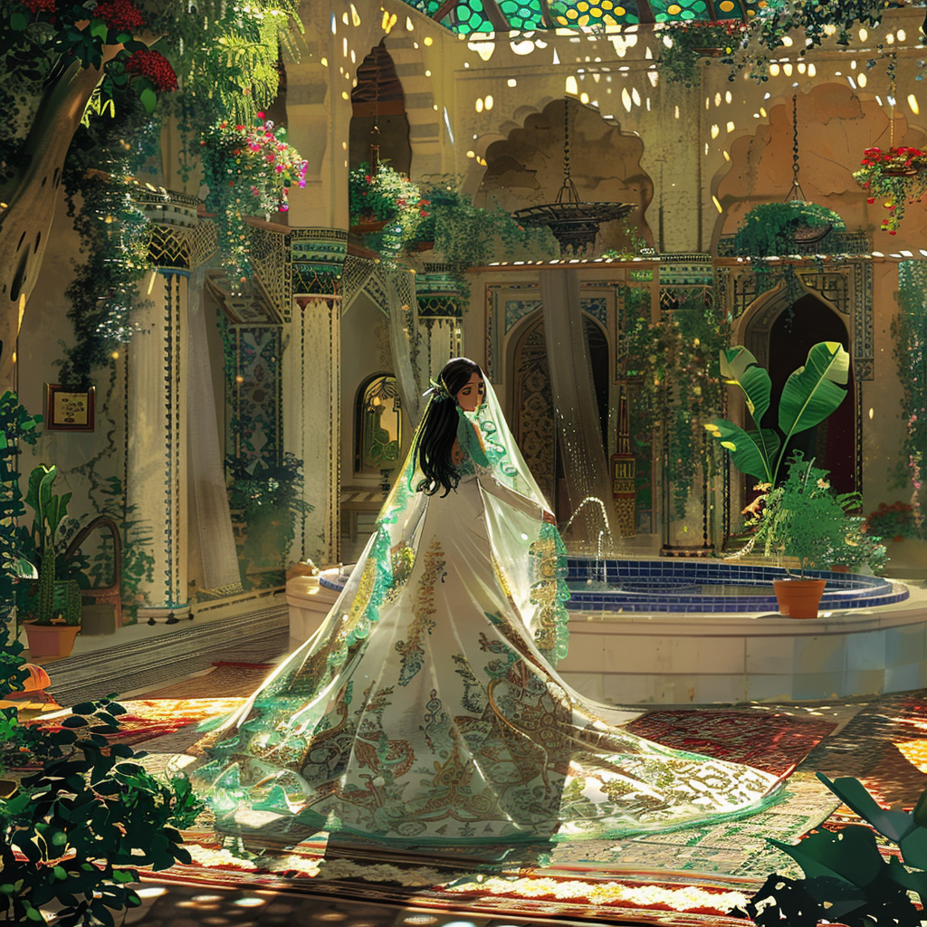 Anime bride in Moroccan wedding dress in magical courtyard.