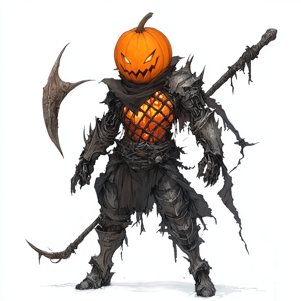 Anime character wearing Monster Hunter armor with pumpkin helmet.