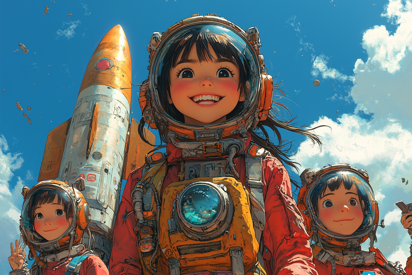 Anime characters building rocket in vibrant colors and settings.