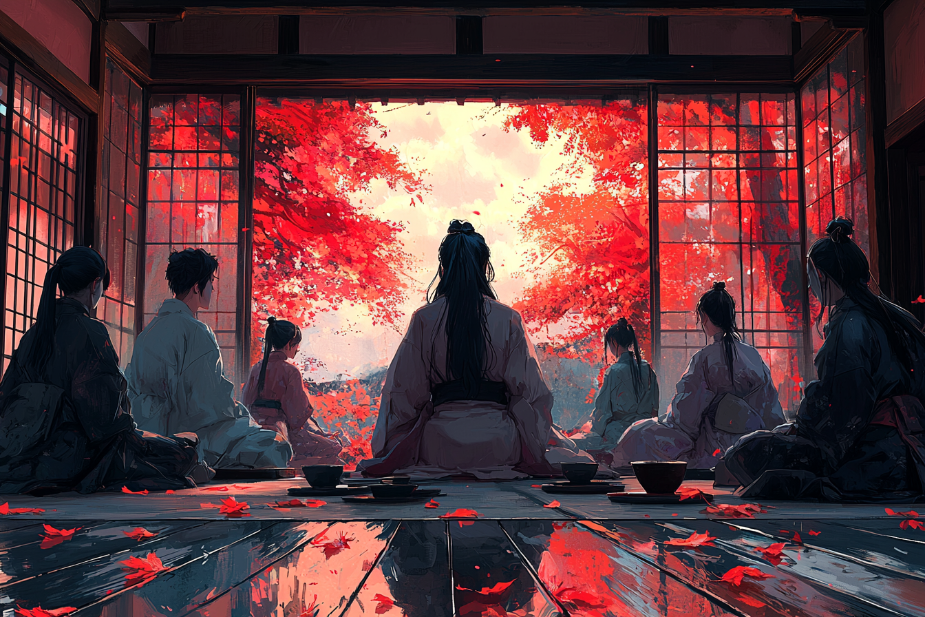 Anime characters in teahouse with vivid colors and details.