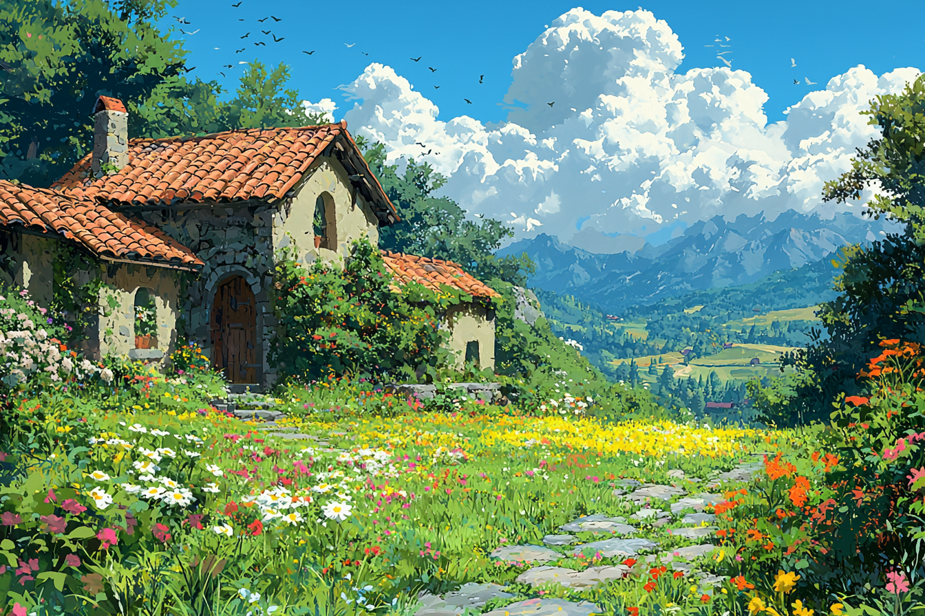 Anime community center with vibrant, fantastical landscapes and creatures.