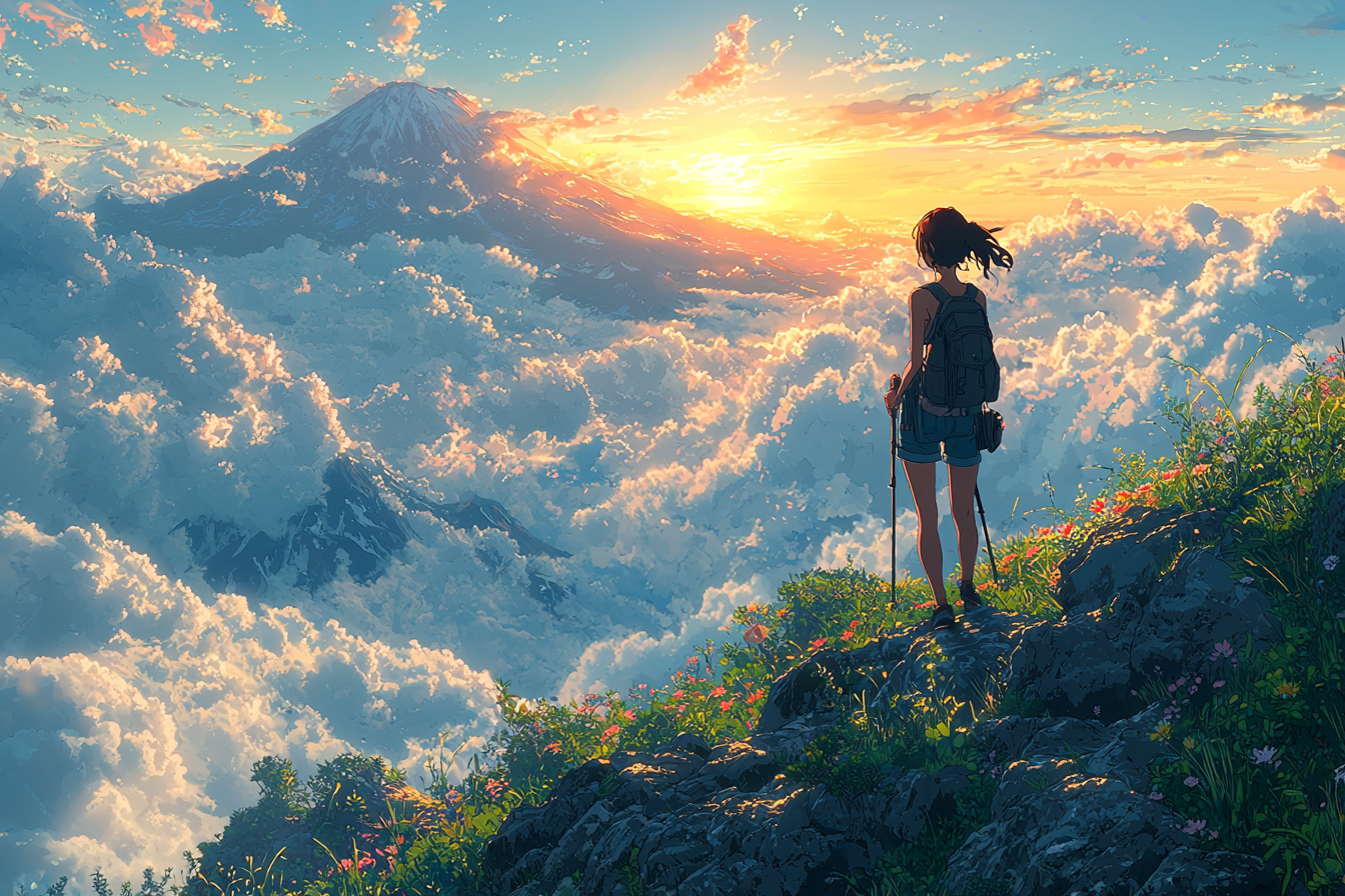 Anime featuring girl hiking Mt. Fuji at sunrise.