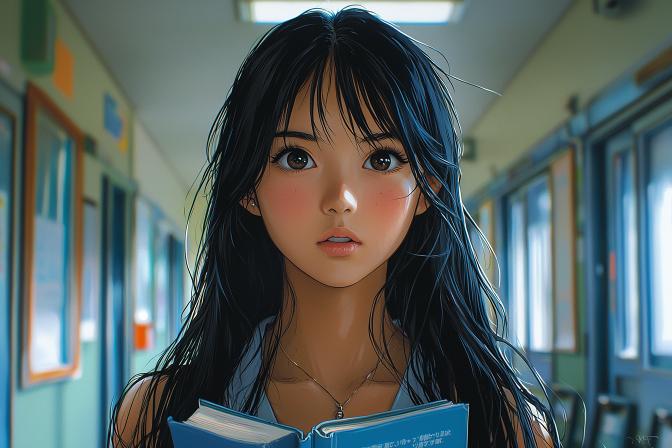 Anime featuring teenage girl in school hallway with books.