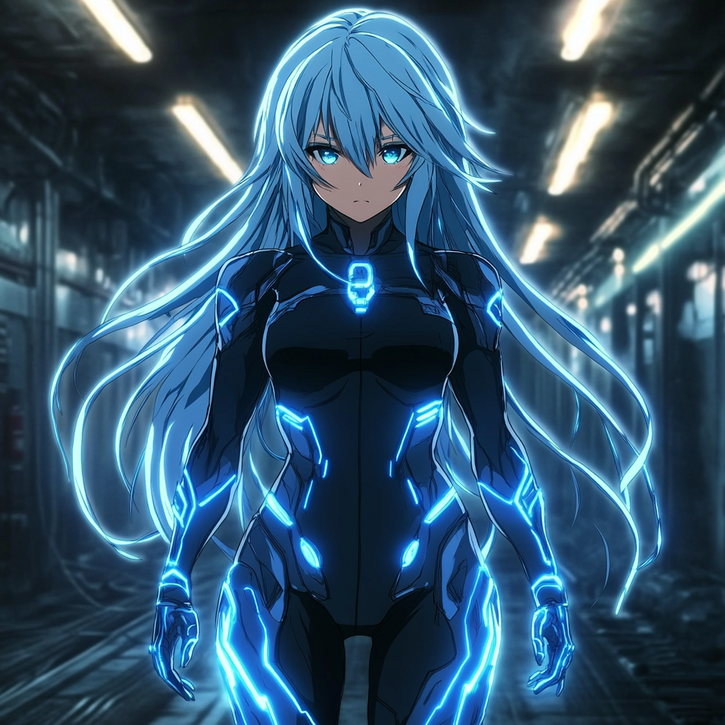 Anime girl Ryoko, tall, athletic with striking silver hair.