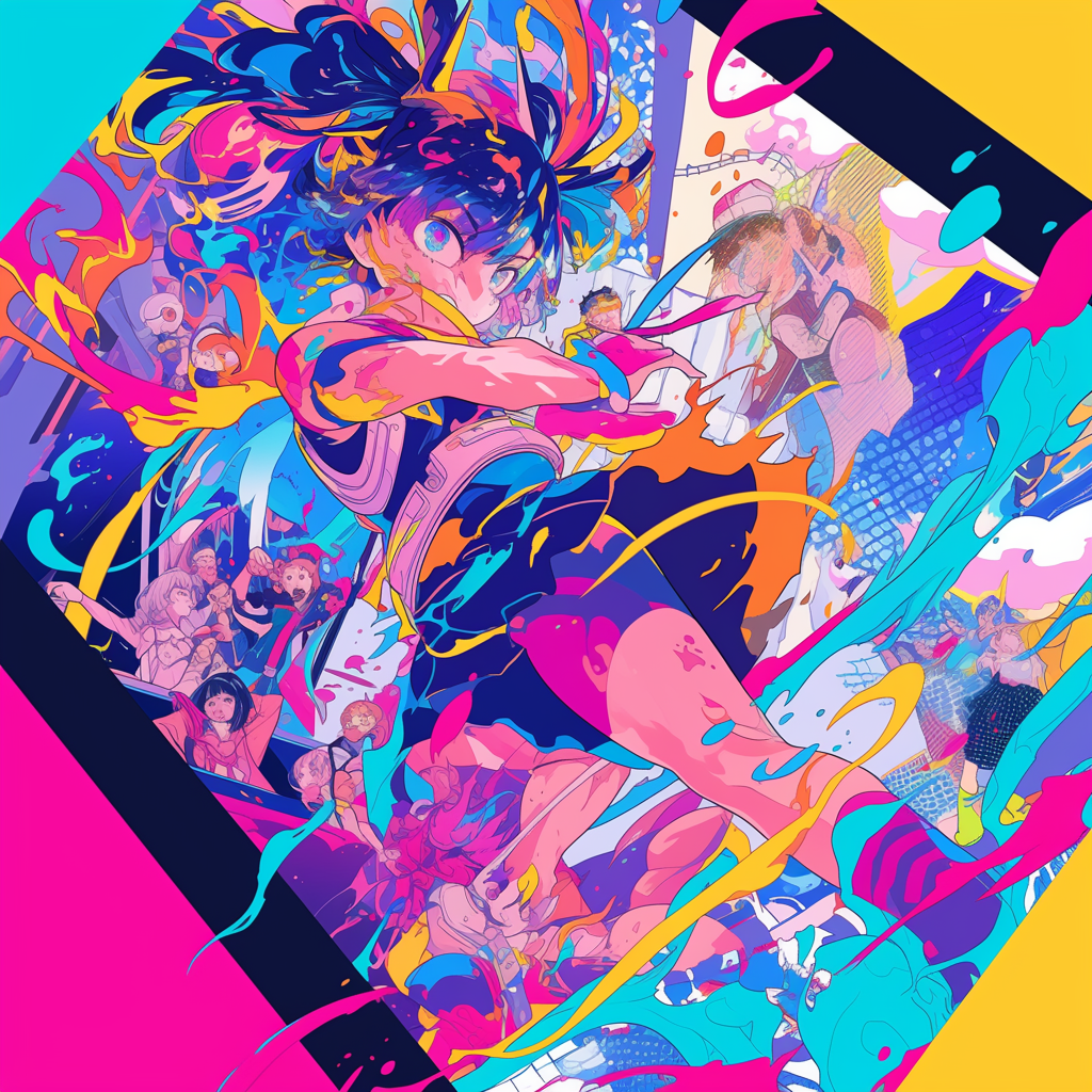 Anime girl fights villains in colorful chaos, high resolution.