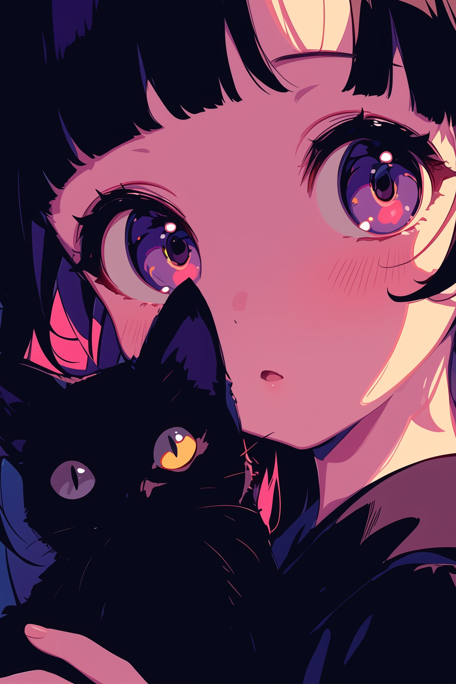 Anime girl holds cat in Y2K aesthetic style.