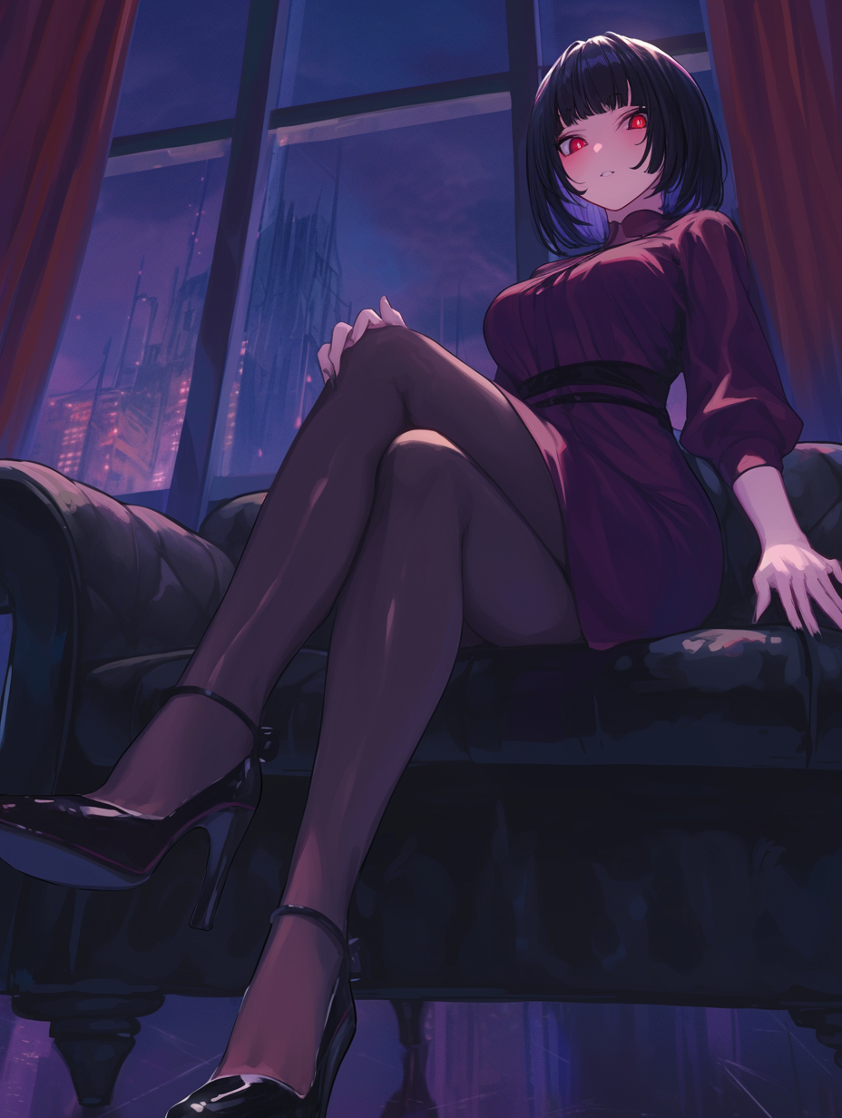 Anime girl in high heels sitting on sofa