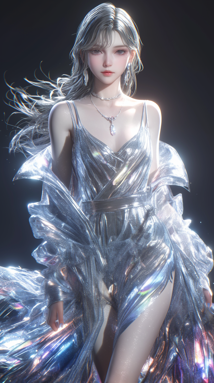 Anime girl in metal dress poses dramatically with rays.