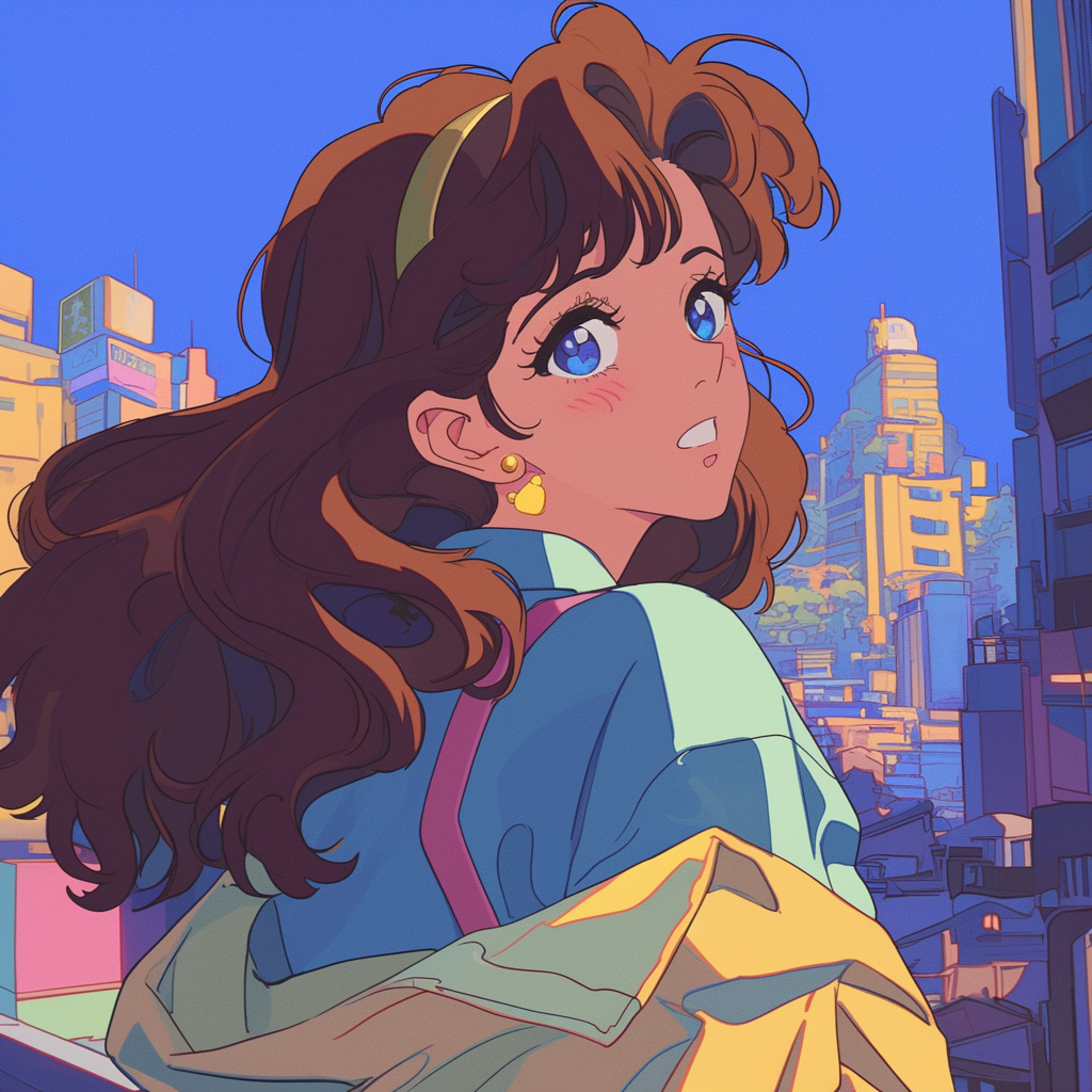 Anime girl in retro cityscape, joyful expression.