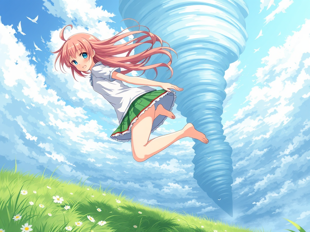 Anime girl in windy tornado with short skirt.