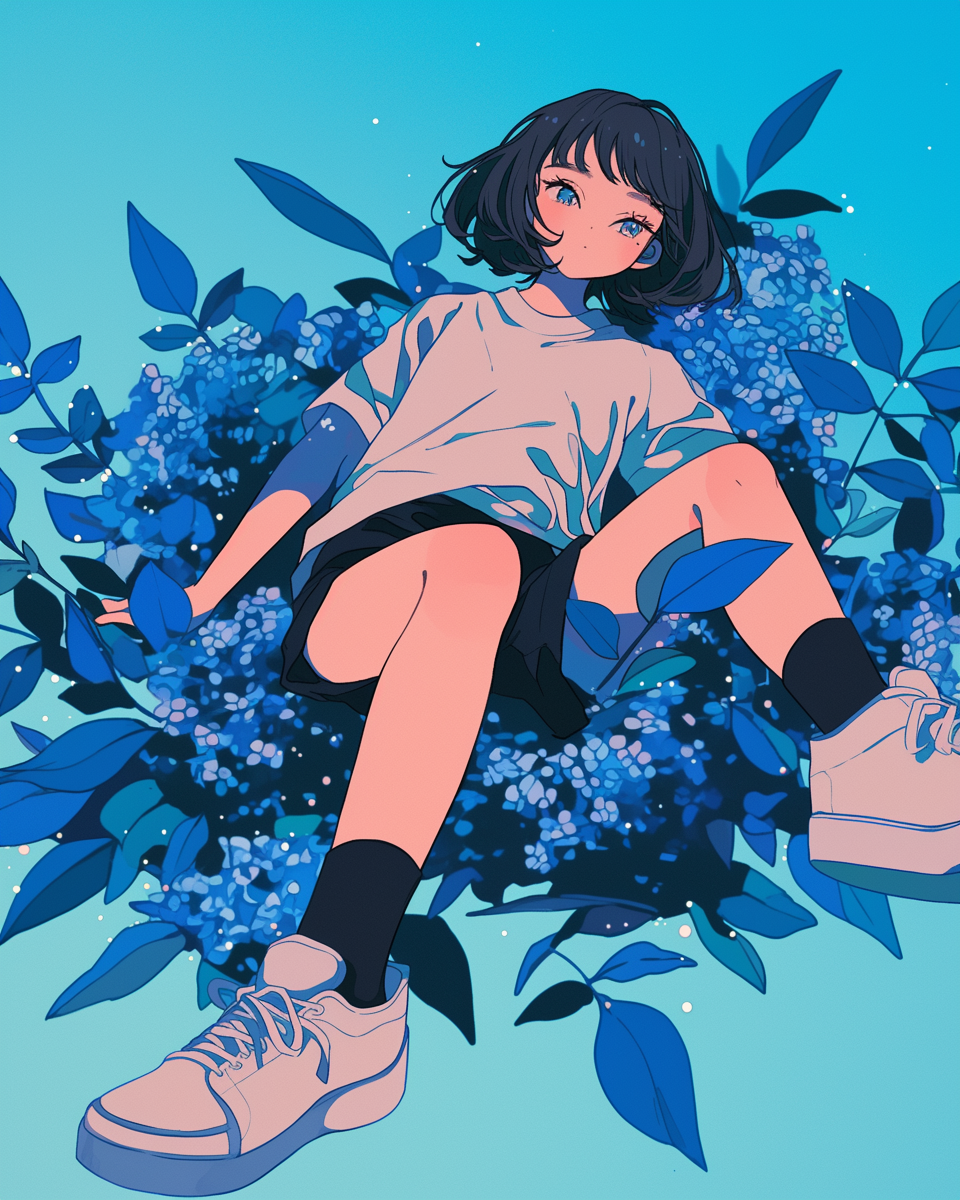 Anime girl lying on blue flower, kawaii style illustration.