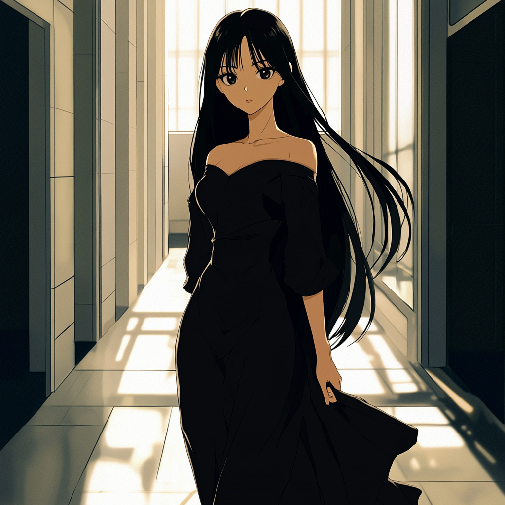 Anime girl model on catwalk with long black hair