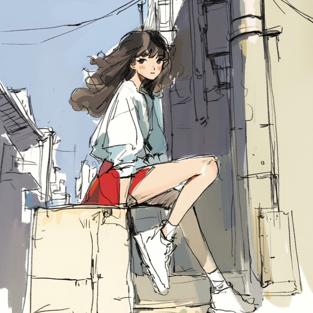 Anime girl sitting in bustling city, longing expression