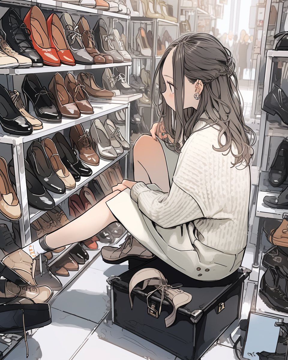 Anime girl trying on shoes in cozy shoe shop.