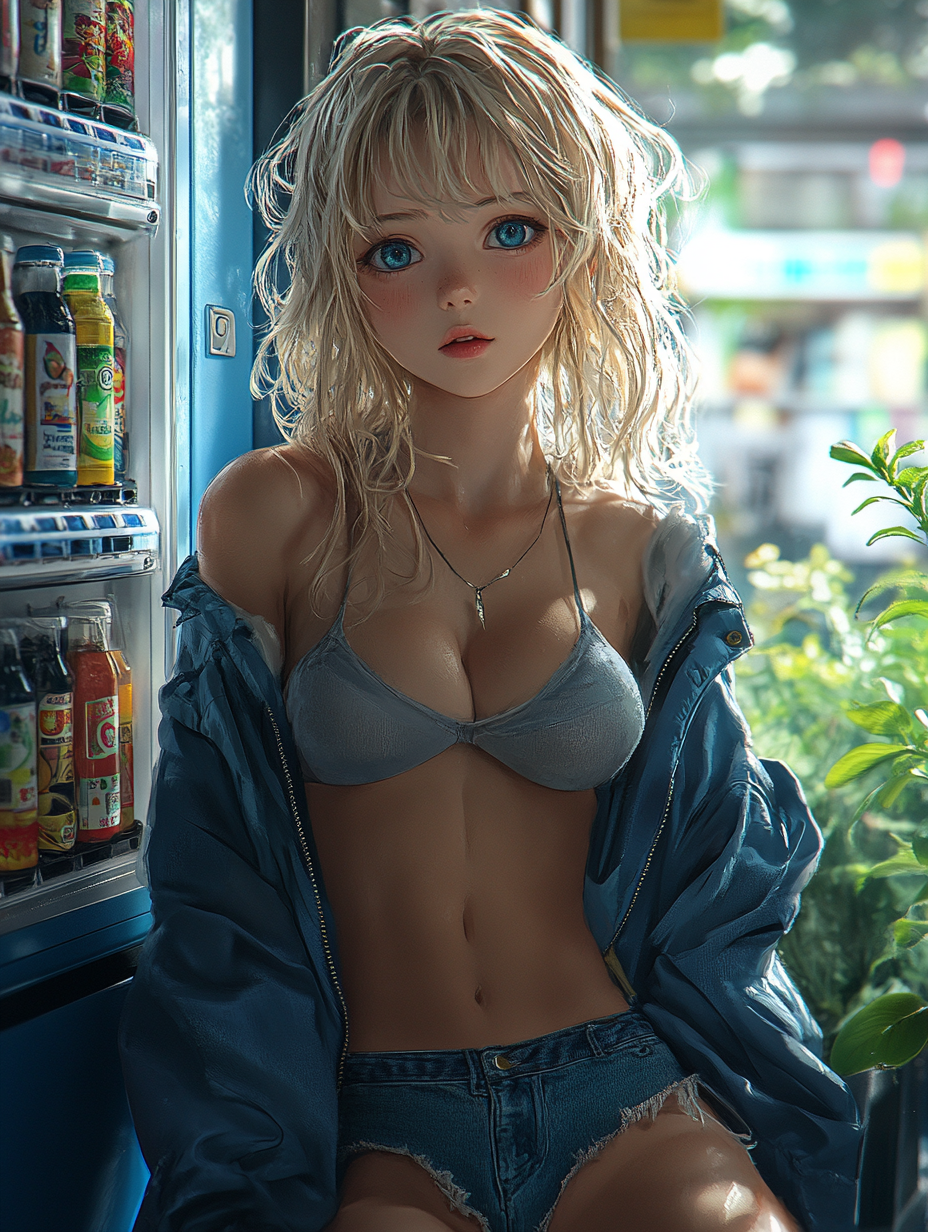 Anime girl with blonde hair sitting at vending machine.