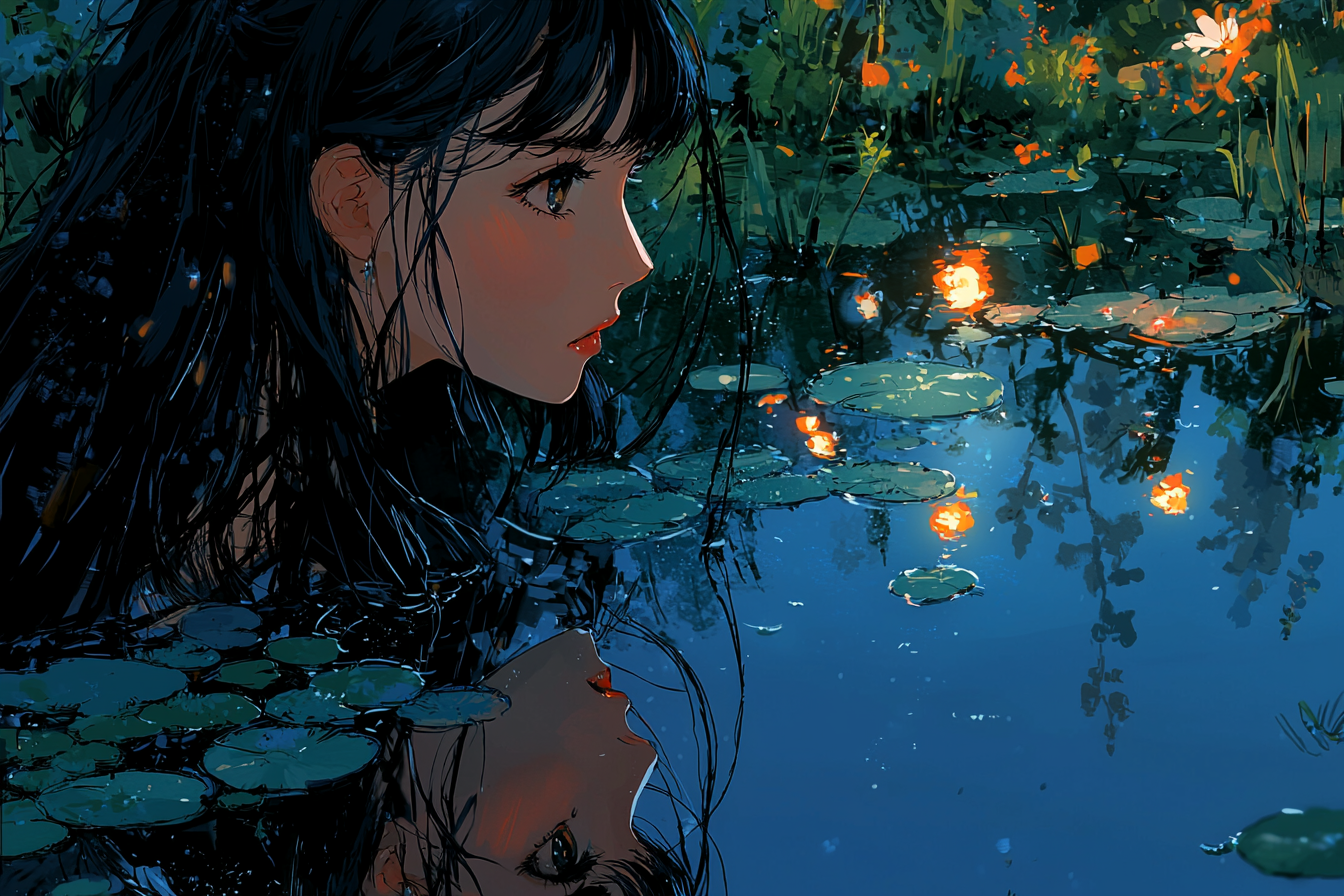 Anime girl with long black hair looking at reflection.