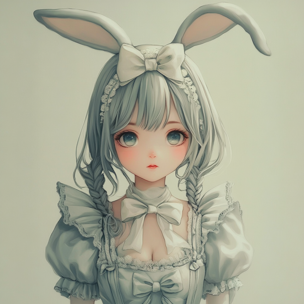 Anime girl with rabbit ears in pastel maid costume.