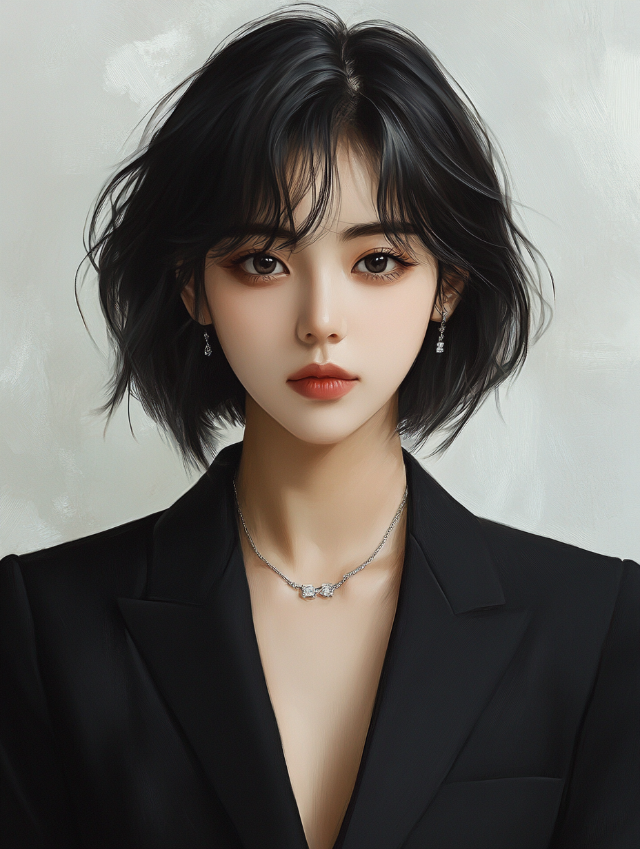 Anime image of beautiful Asian girl in suit.