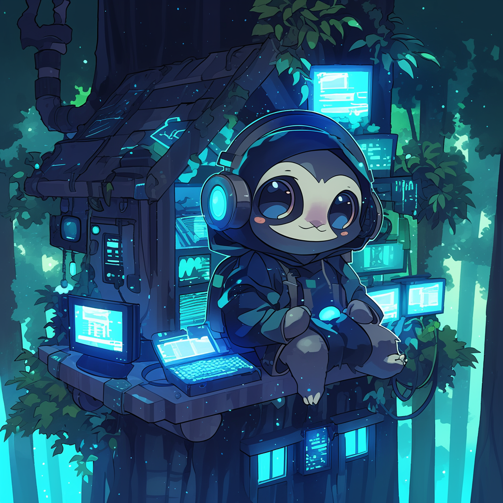 Anime inspired chibi sloth with hacker aesthetic outdoors.