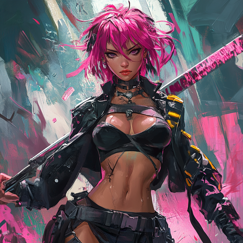 Anime-inspired female characters with spiky hair and oversized weapons.