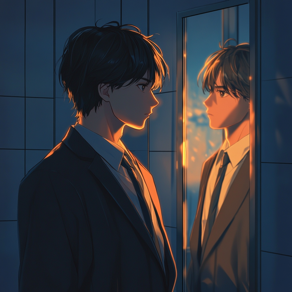 Anime-inspired young man in suit looking in mirror.