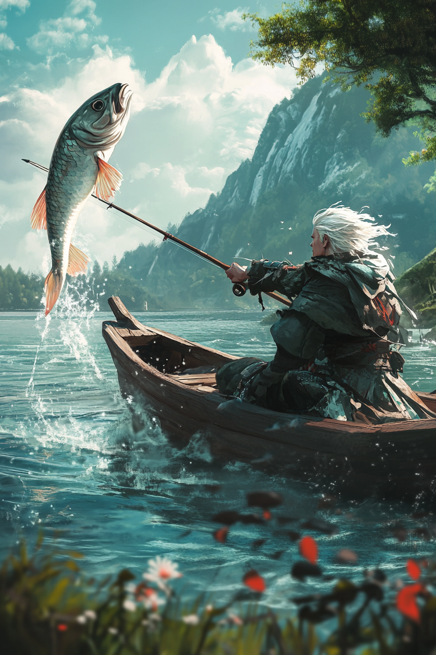 Anime male character in boat fishing giant fish.