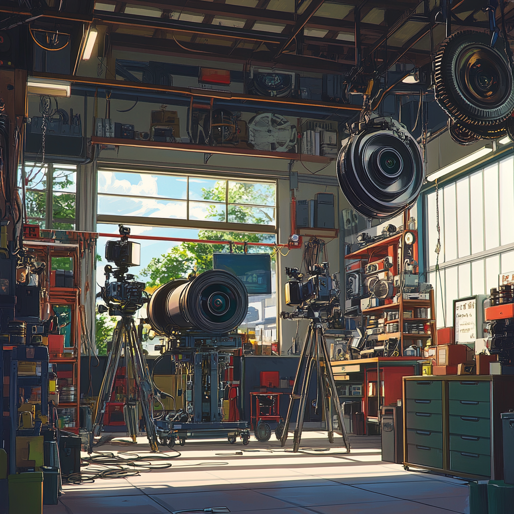 Anime mechanic shop turned cinema production garage with stylish details