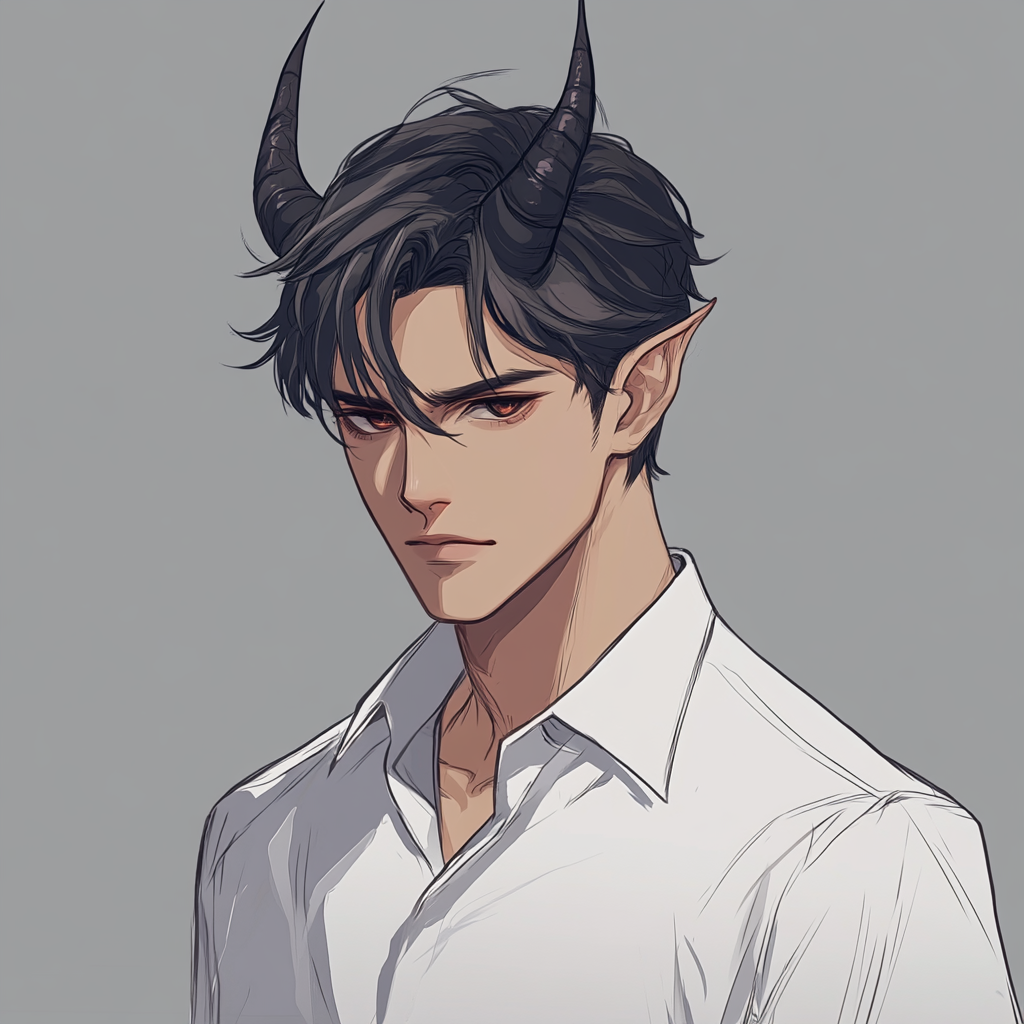 Anime portrait of confident young male employee with slant eyes, slim body, and horns.