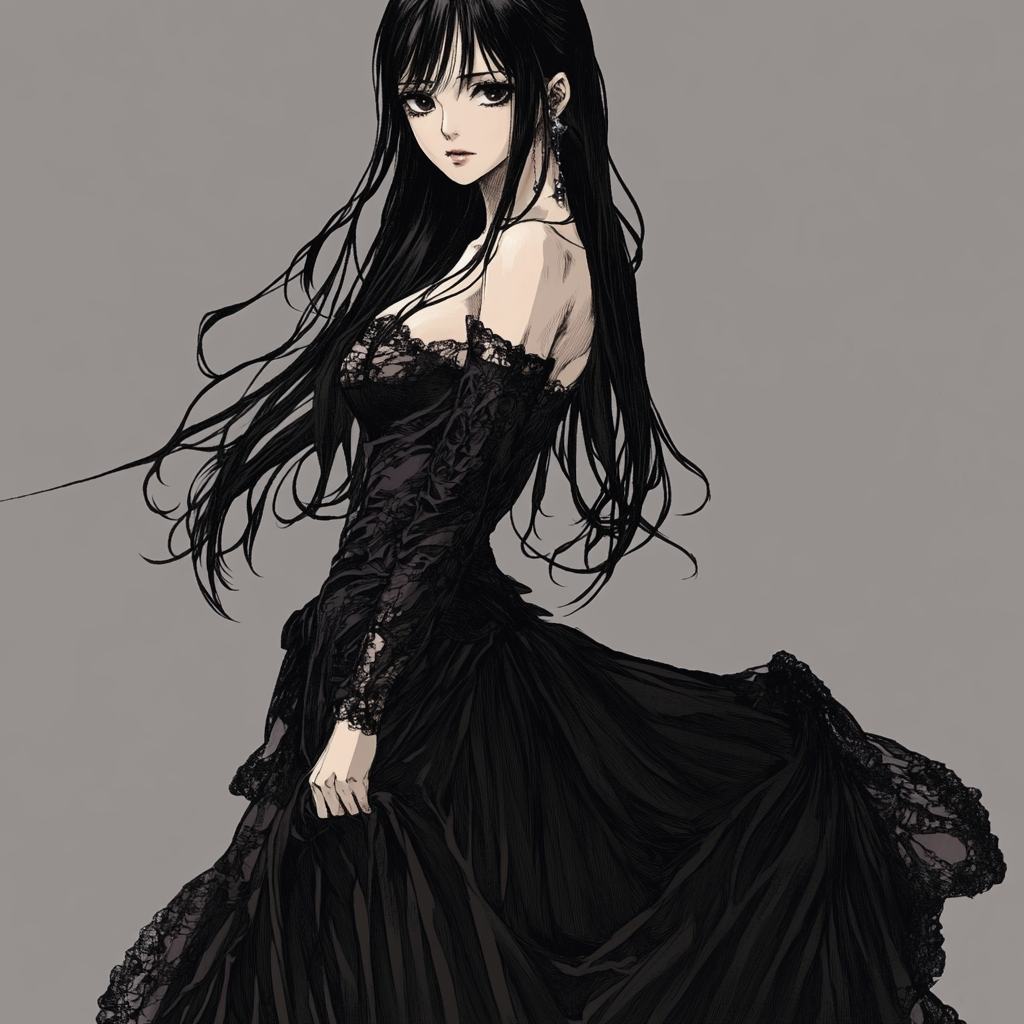 Anime portrait of girl with long black hair and eyes.