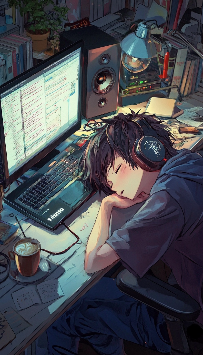 Anime style, young person sleeping at desk with headphones.