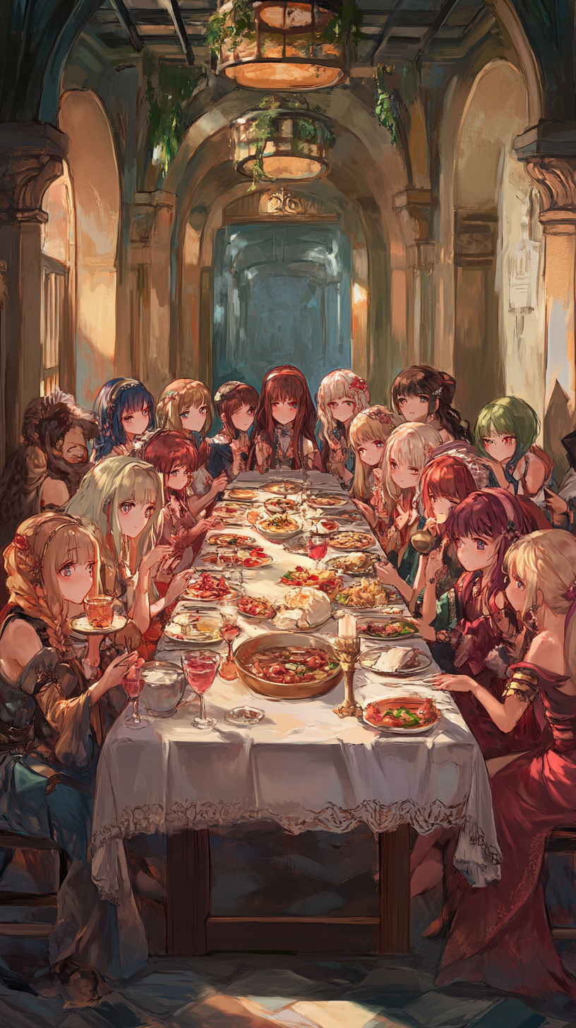 Anime-style Last Supper with cute, charming women characters.