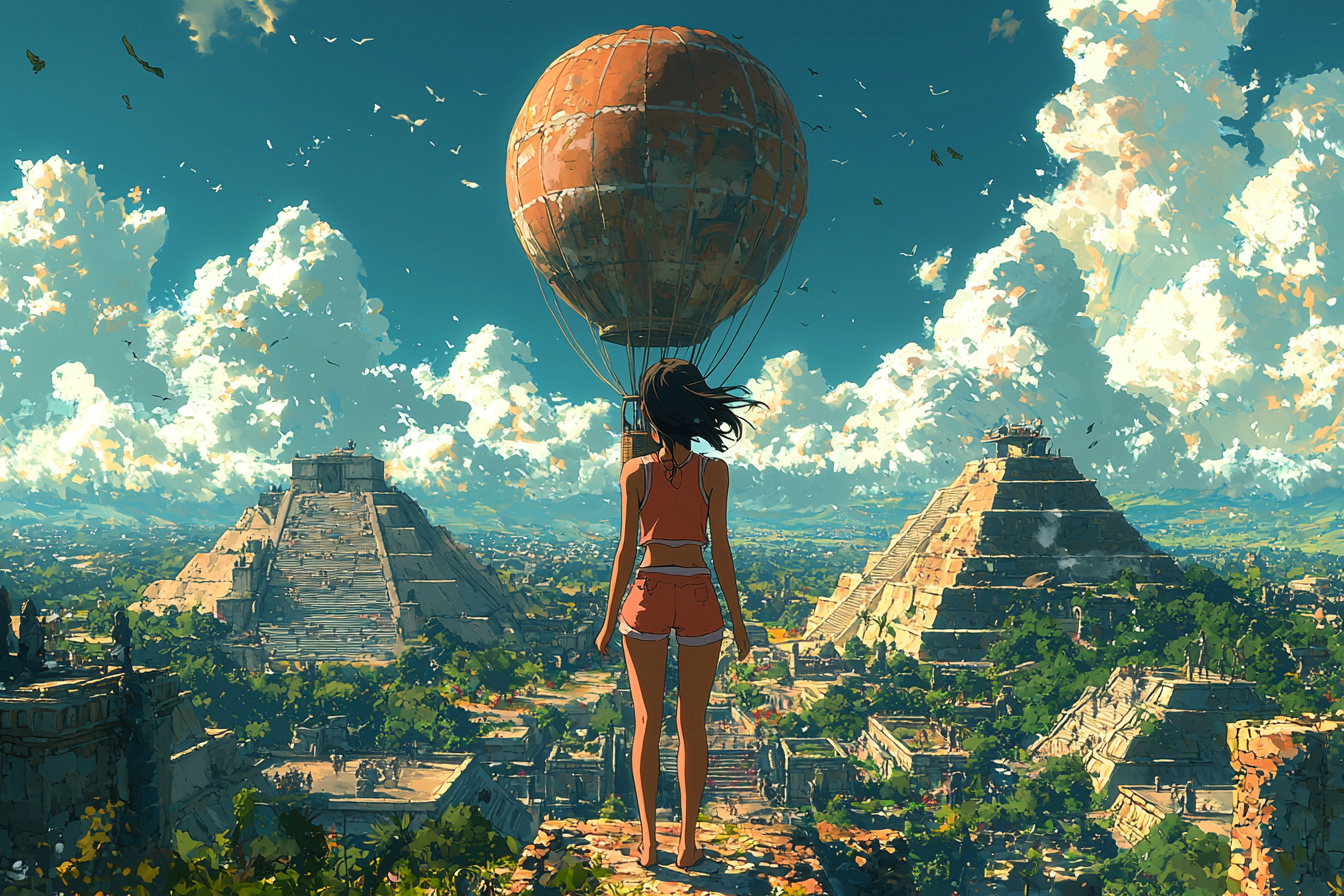 Anime style asian girl in hot air balloon.