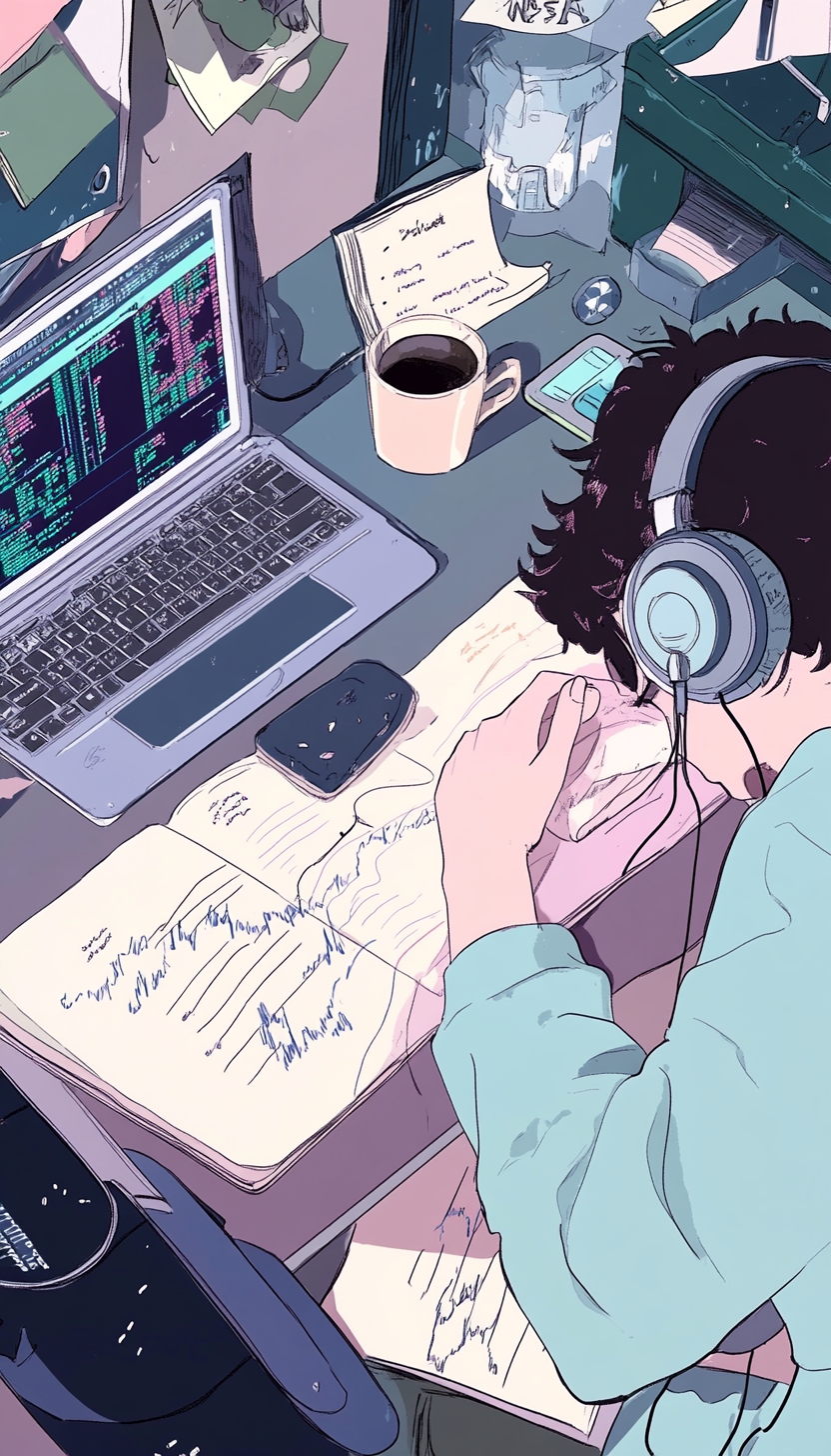 Anime style character sleeping at desk with laptop, coffee.