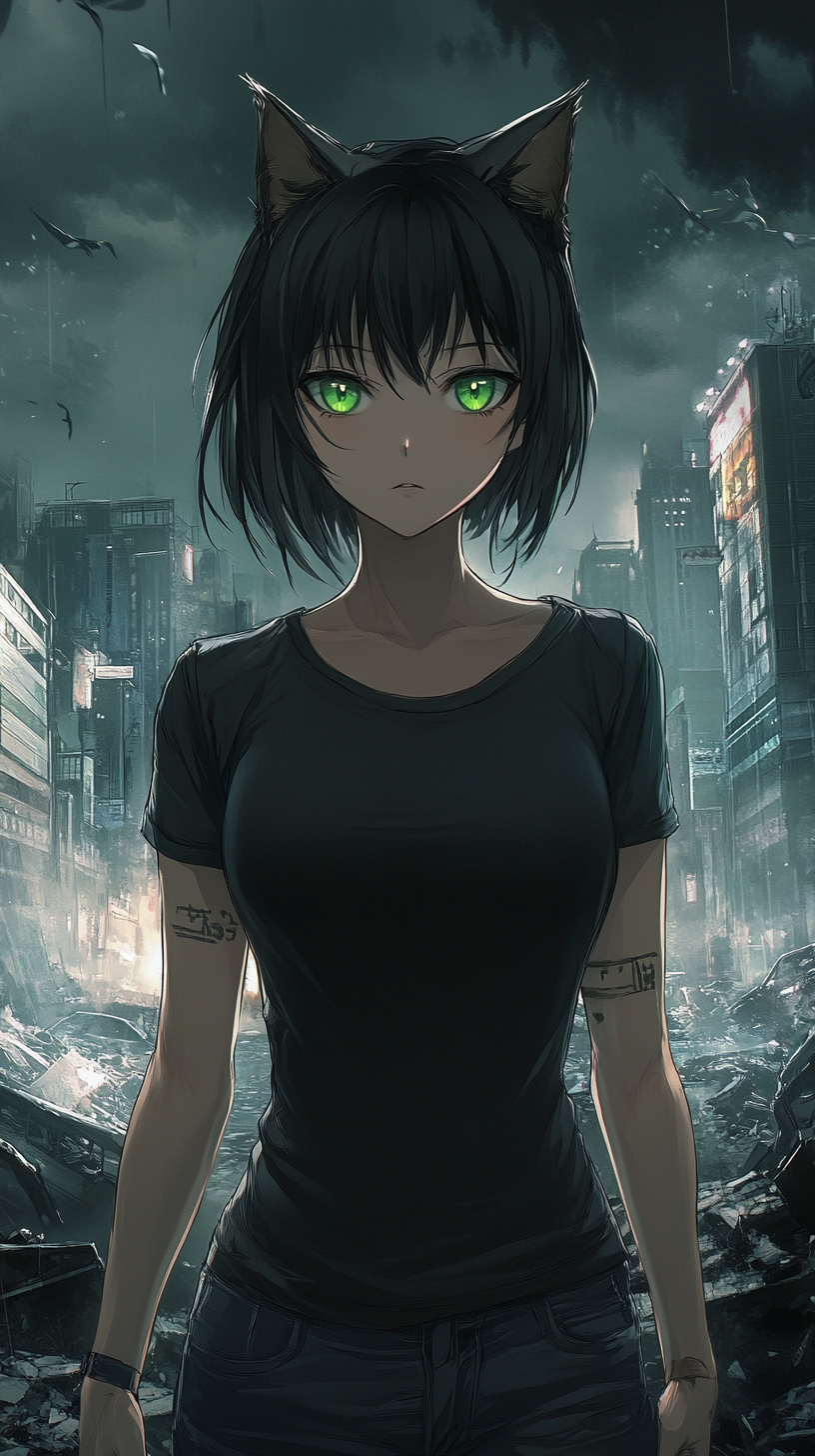 Anime style depiction of young woman with feline eyes.