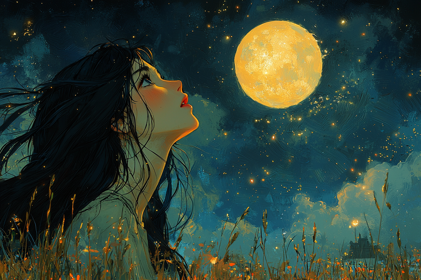 Anime-style drawing of Asian girl gazing night sky, expressive colors.