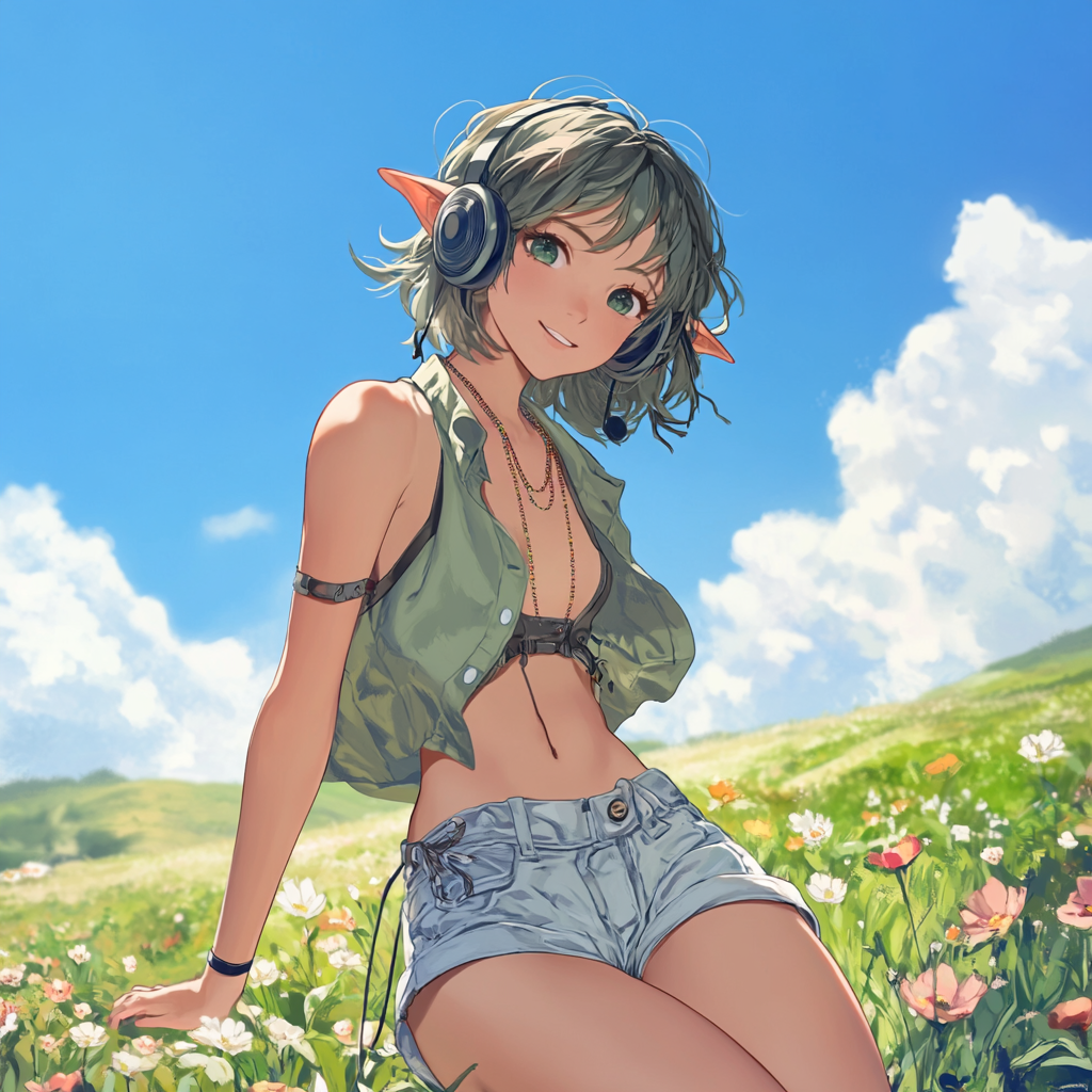 Anime style girl with elf ears in field 